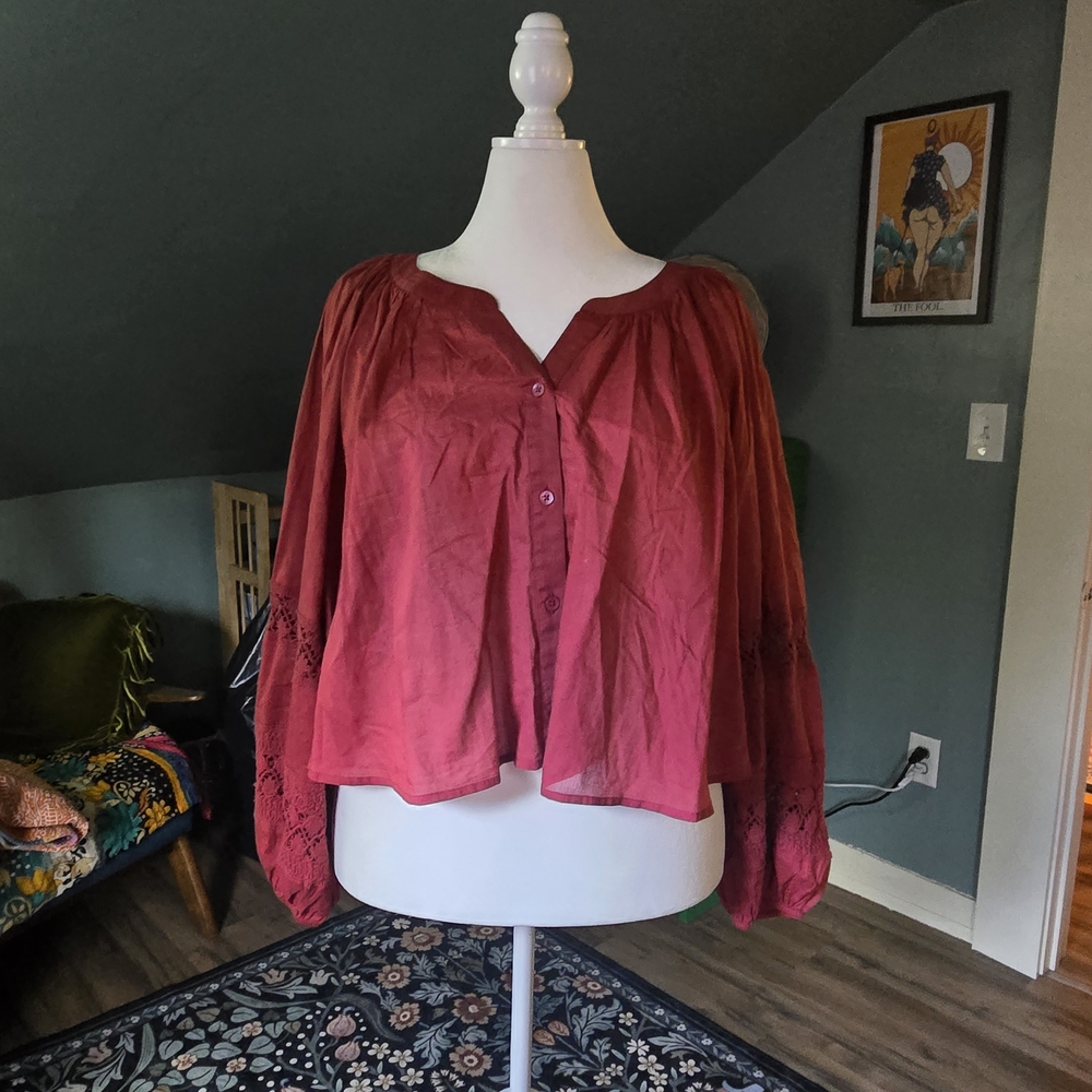 aerie Raspberry Button-Front Peasant Blouse